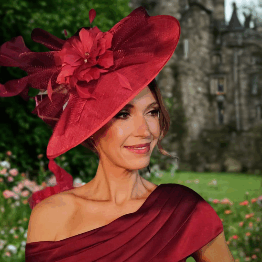 Mother of the bride wearing a red hat and dress with a castle in the background
